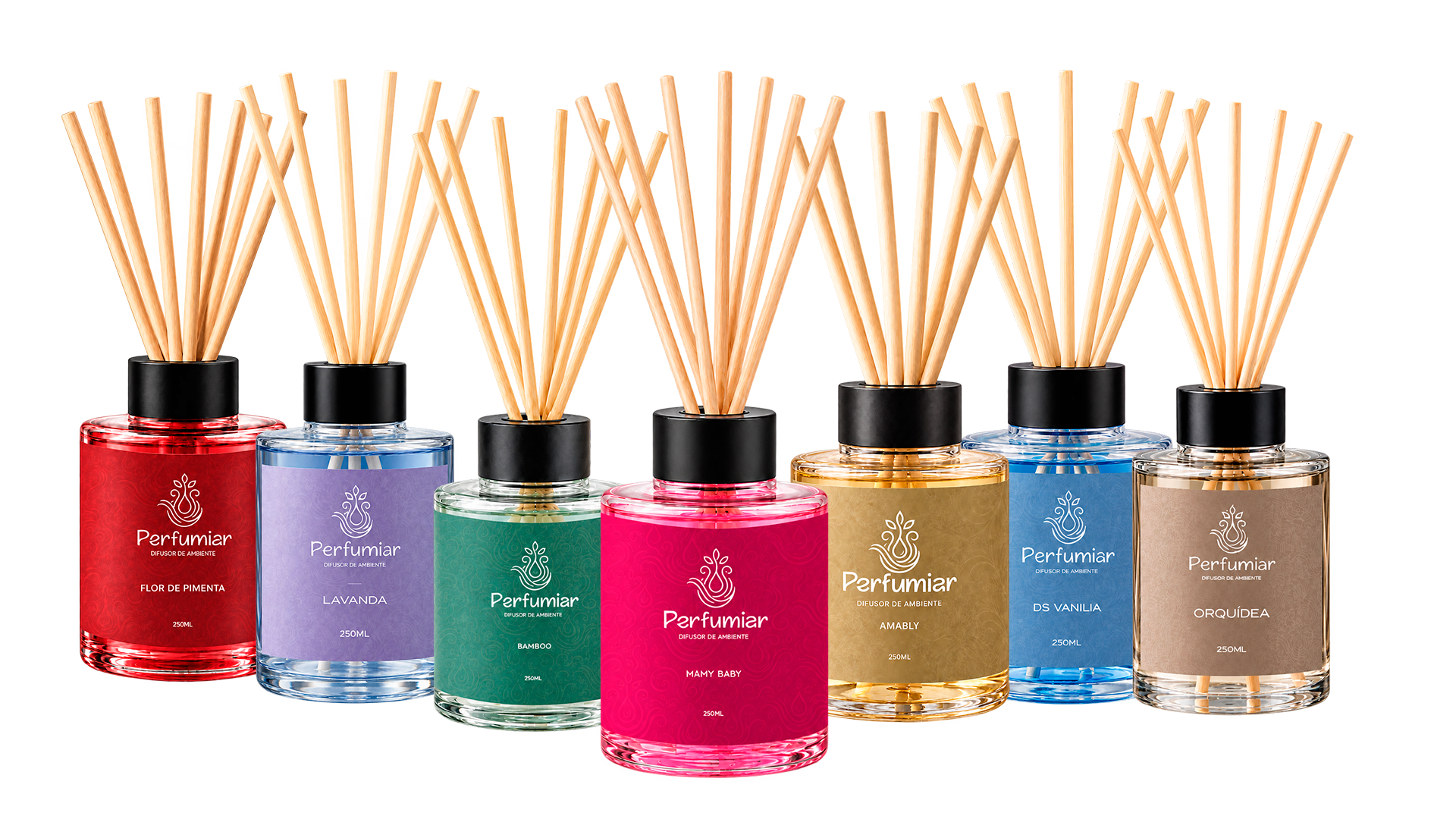 Sete difusores Perfumiar: Flor de Pimenta, Lavanda, Bamboo, Mamy Baby, Amably, DS Vanilia e Orquídea
